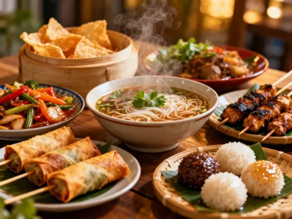 木桌上多样中式美食摆放场景