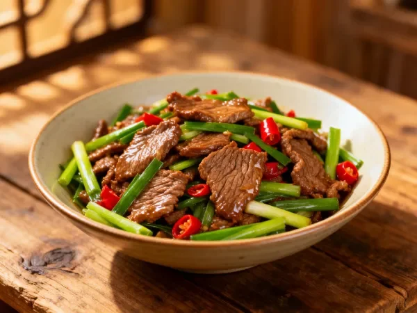 木质桌面上的蒜苗炒牛肉