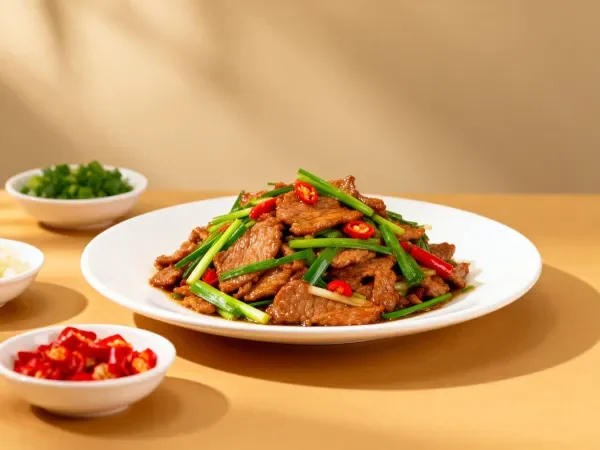 暖色调餐桌上小葱炒牛肉特写