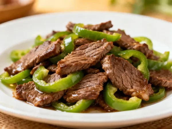青椒炒牛肉在白色餐盘中的呈现