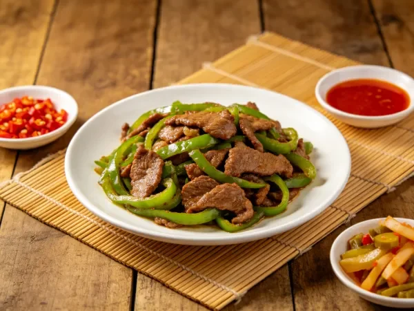 盘内是青椒炒牛肉,牛肉红亮,青椒翠绿,摆放在白色瓷盘中。