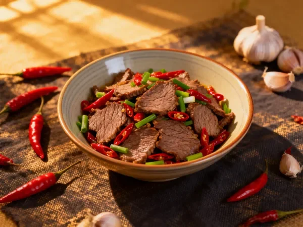 暖光桌面上的辣子牛肉