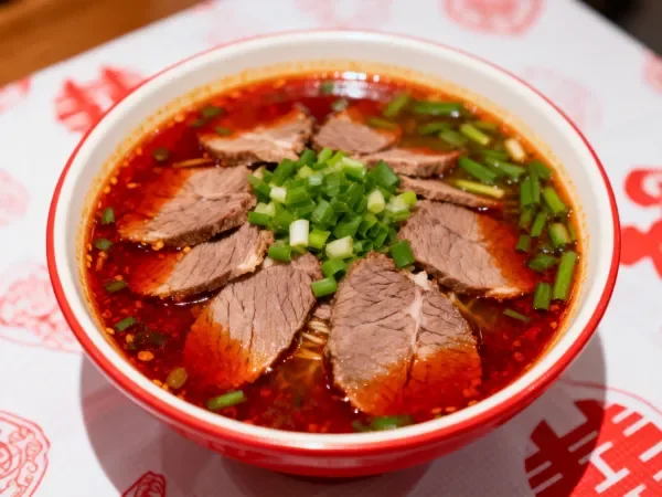 红油麻辣牛肉汤盛放在红白碗中,牛肉片呈环形分布,表面覆盖红亮汤汁,撒有绿色葱花点缀。