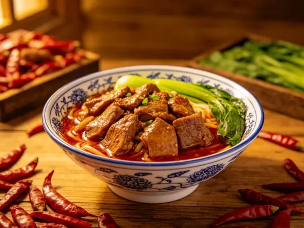 香辣红烧牛肉面在木质桌面展示场景