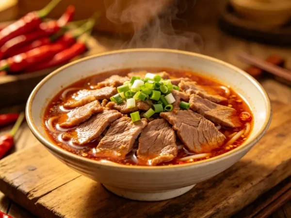 碗中盛放着香辣牛肉面,牛肉片整齐排列,表面覆盖红亮汤汁,热气升腾。