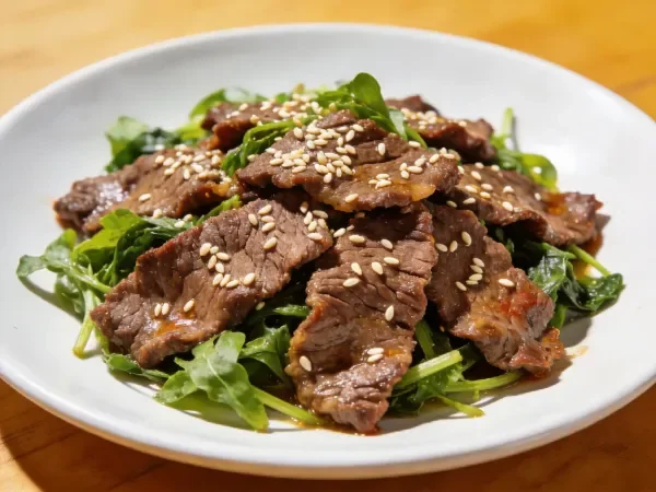芝麻牛肉拌时蔬在白色餐盘中