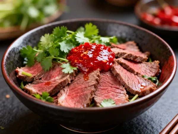 切片牛排配蘸酱的美食呈现