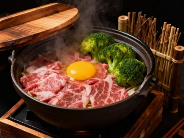 铸铁锅内的肥牛鸡蛋西兰花火锅，肥牛纹理清晰，蛋黄饱满，西兰花翠绿，蒸汽升腾。
