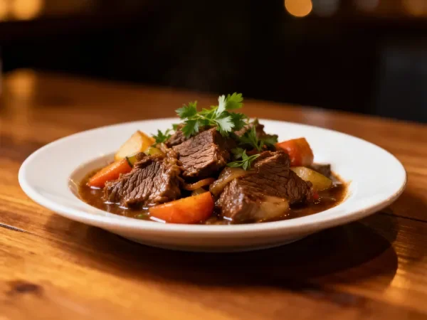 酱炖牛肉时蔬摆放在木桌上