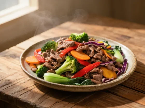 木质桌面上的牛肉时蔬小炒