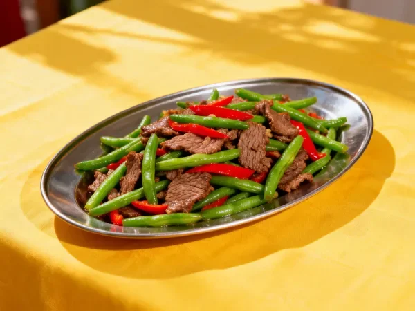 阳光餐桌上的牛肉炒长豆角