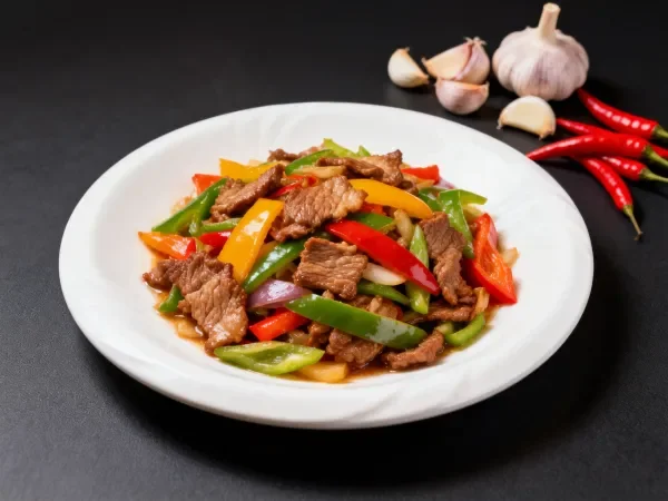 彩椒炒牛肉中牛肉切面光滑,彩椒边缘脆爽,色彩层次分明。