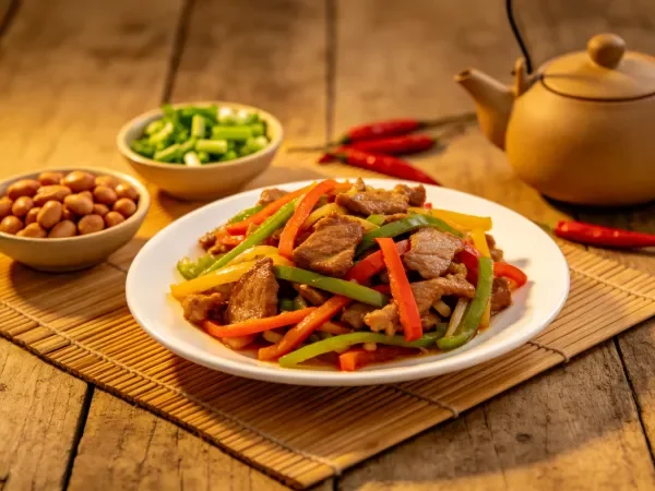 彩椒炒牛肉盛放在白色瓷盘内,牛肉与彩色甜椒搭配,背景中还能看到花生和青葱等配菜。
