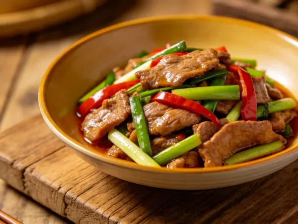 木质桌面上的牛肉蒜苗辣椒小炒特写