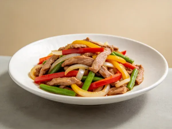 盘中盛放着牛肉彩椒豆角炒菜,牛肉片纹理清晰,彩椒鲜艳,豆角翠绿,呈现出诱人的色泽。