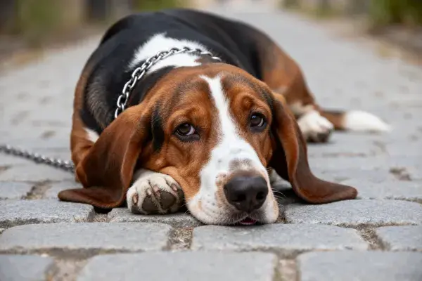 砖石路面上的巴吉度猎犬