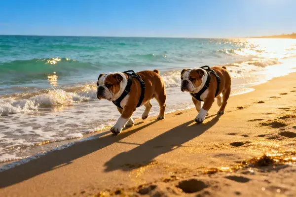 沙滩漫步的英国斗牛犬