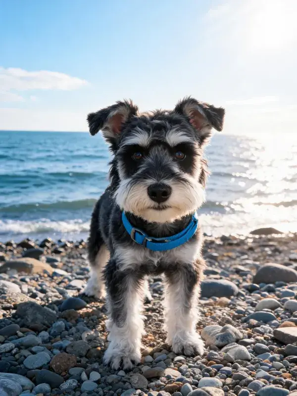 海滩鹅卵石上的雪纳瑞犬