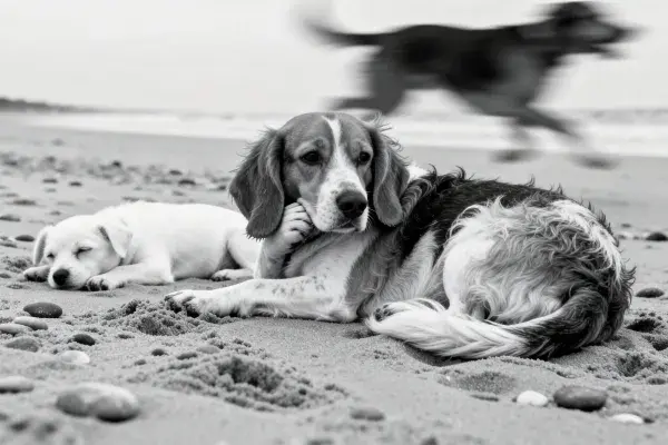 防波堤沙滩上的比格犬与幼犬场景