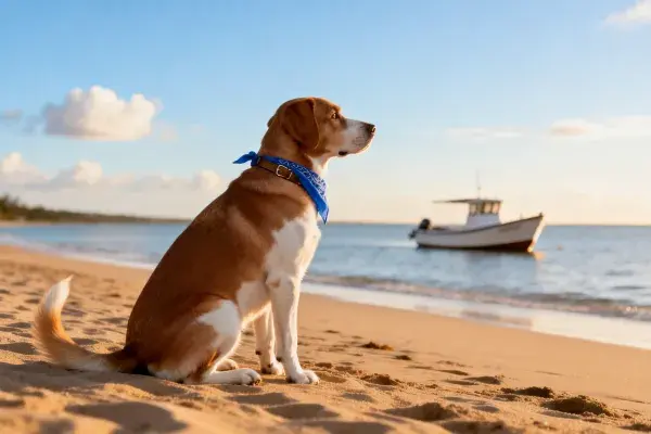 海滩上的比格犬与船只风光