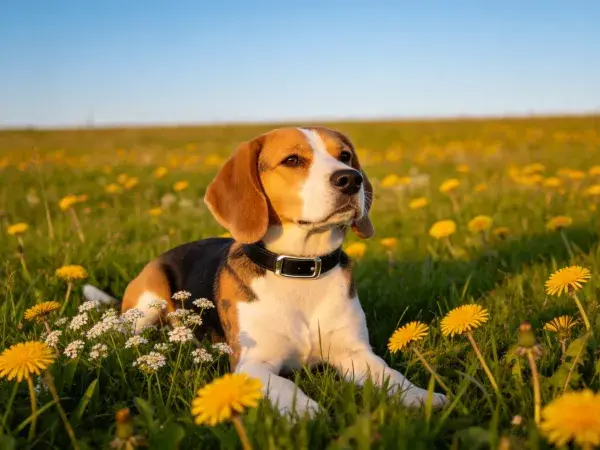 比格犬躺卧在蒲公英草地场景