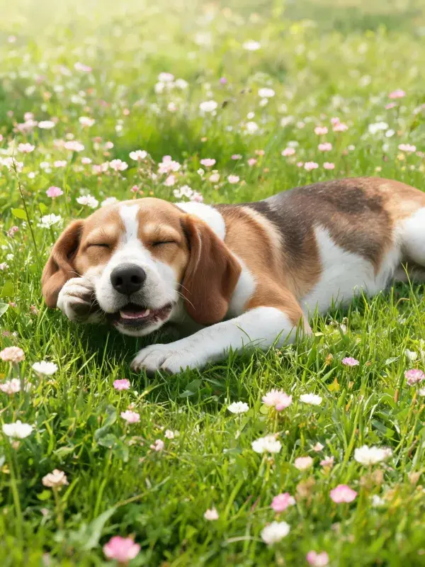 比格犬在花草草地上的放松姿态