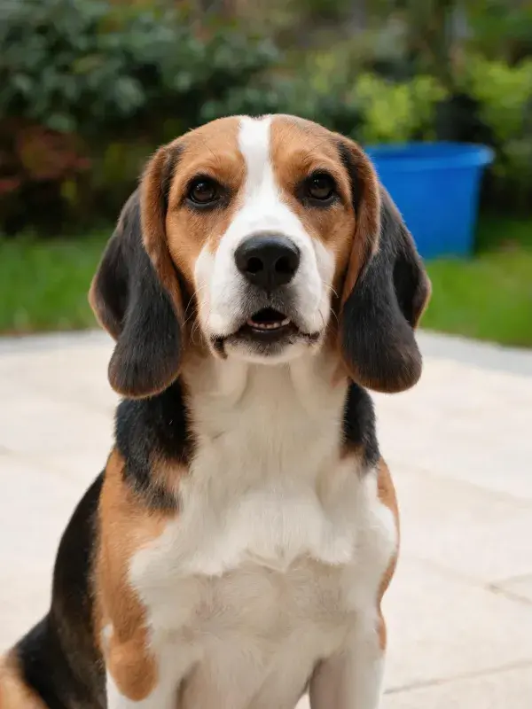 庭院石板上的比格犬特写