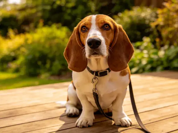 巴吉度猎犬坐在木质平台上