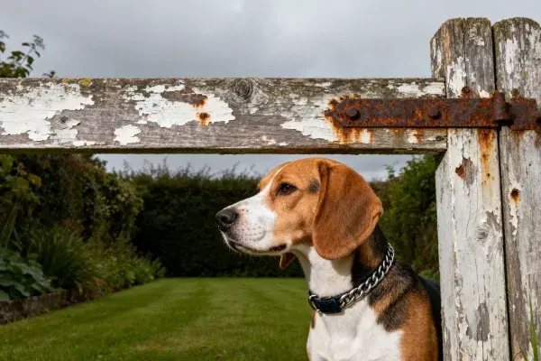 露天场地中比格犬与老旧木栅栏的特写镜头