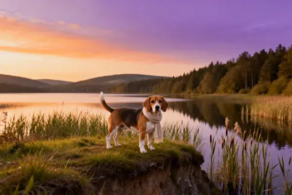 湖畔黄昏时分的比格犬