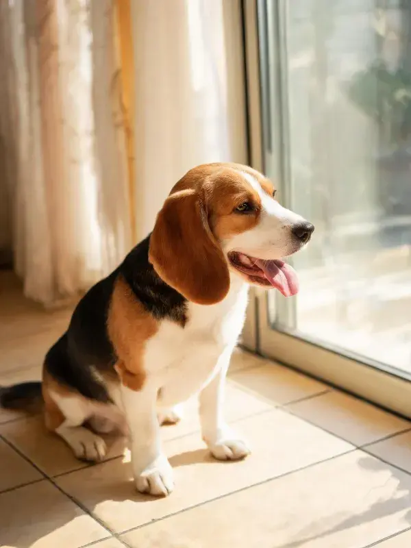 窗边阳光下的比格犬特写
