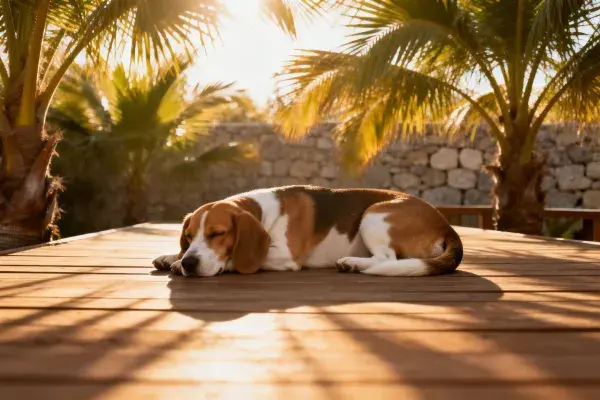 比格犬在木制平台上的休憩场景