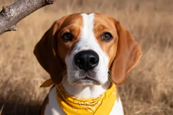 枯枝旁戴黄围巾的比格犬