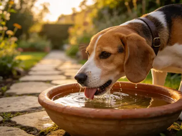 比格犬在庭院石板路上的饮水场景