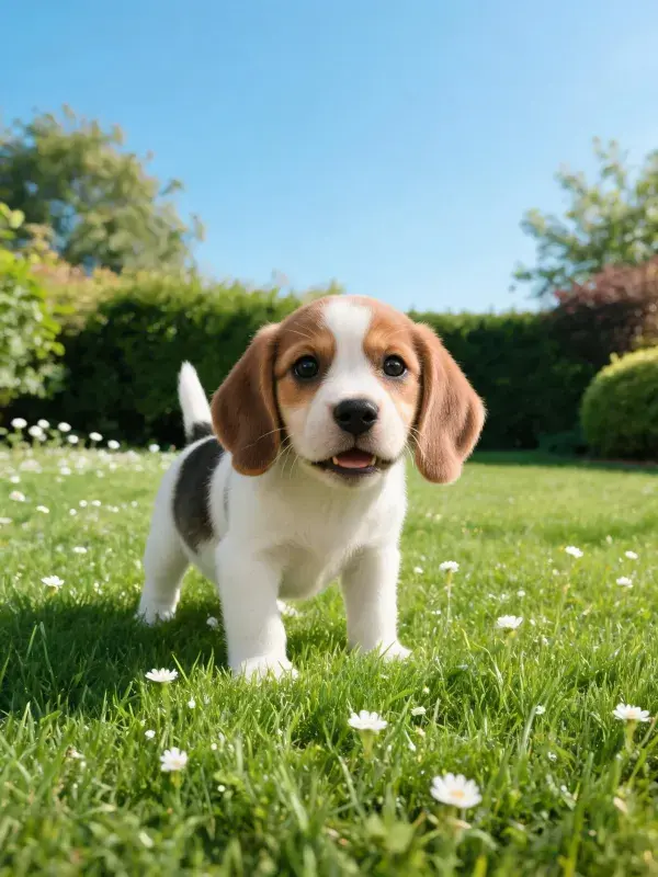 草地上的比格幼犬站立