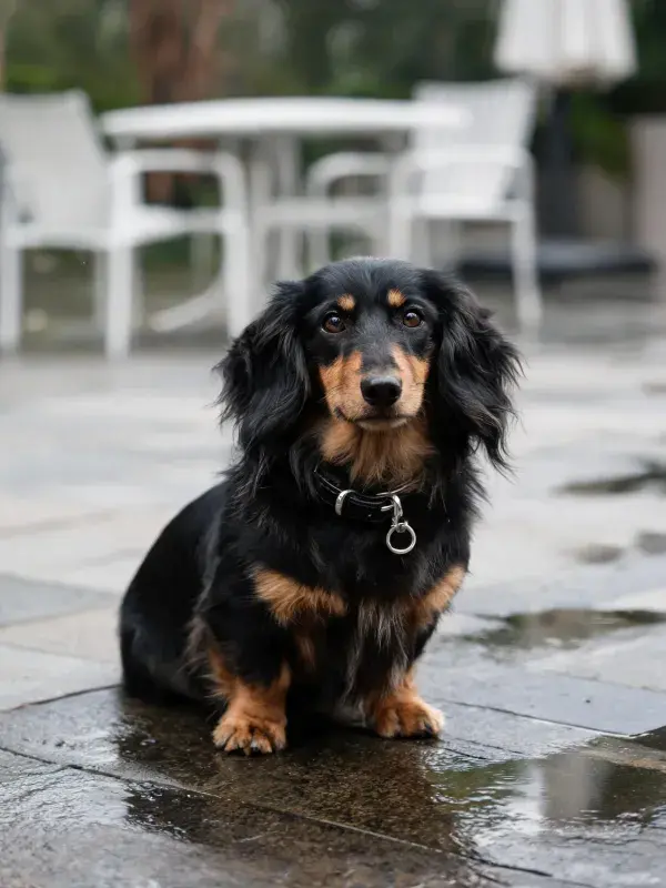 长毛腊肠犬坐在潮湿的石板路