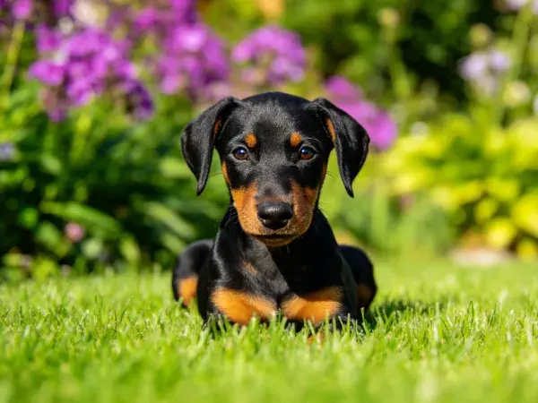 草地花园里的曼彻斯特梗犬犬特写