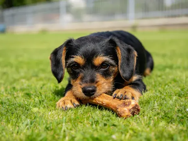 草地上的短毛混血犬啃咬骨头