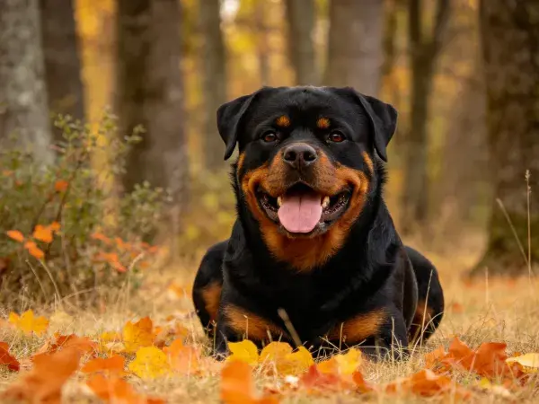 秋林落叶间罗威纳犬静坐