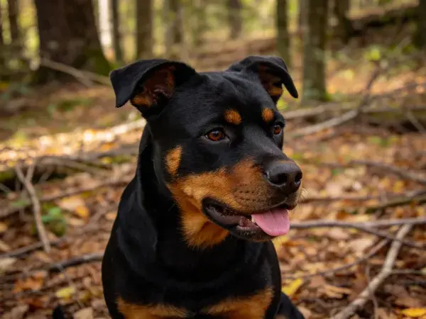 秋林落叶间黑棕色罗威纳犬特写