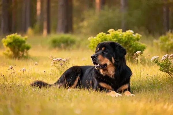 罗威纳犬在林间草地的休憩场景