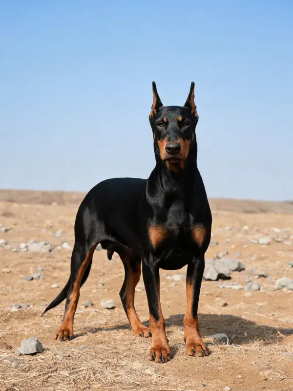 道伯曼犬站立于砂石场地