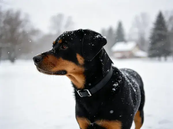雪地中罗威纳犬的站立姿态