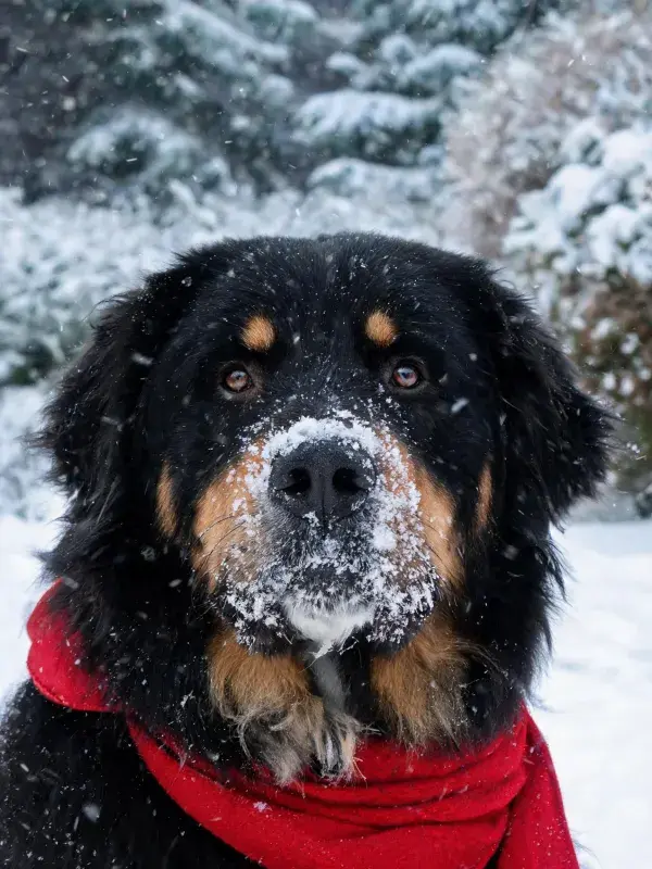 雪景中戴红围巾的大瑞士山地犬特写
