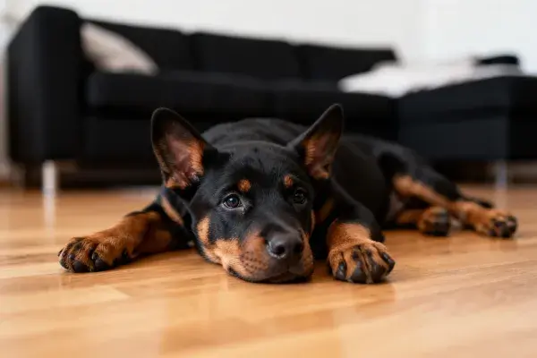 现代客厅中趴卧的德国宾莎犬