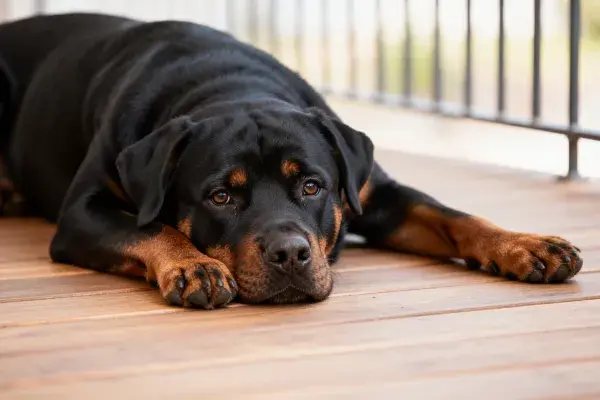 罗威纳犬安静趴卧木质平台
