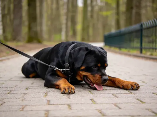 林间步道上罗威纳犬休憩场景