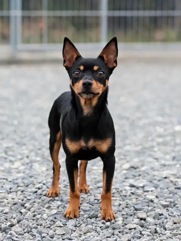 铁丝网旁黑色迷你杜宾犬的特写