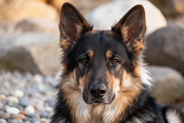 德国牧羊犬于石滩特写镜头