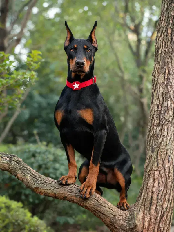 杜宾犬栖息在树枝上的场景